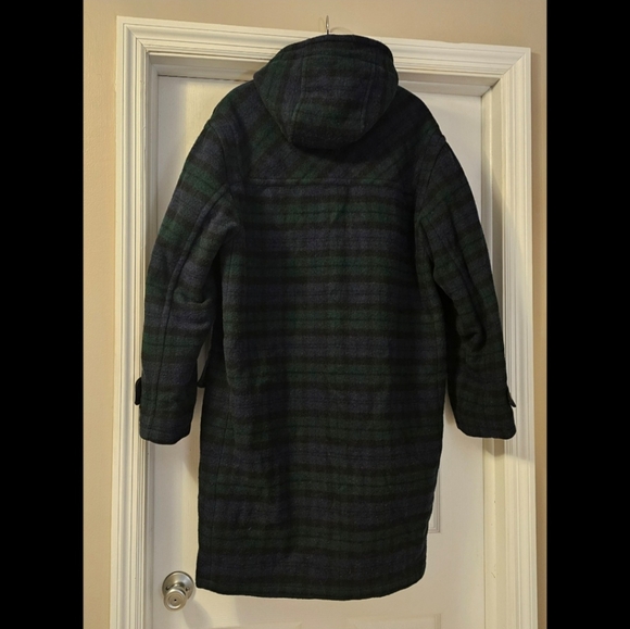 LL Bean Wool Duffle Coat Toggle Hooded Vintage Chore Navy Plaid USA Mens Tall L - Picture 7 of 7